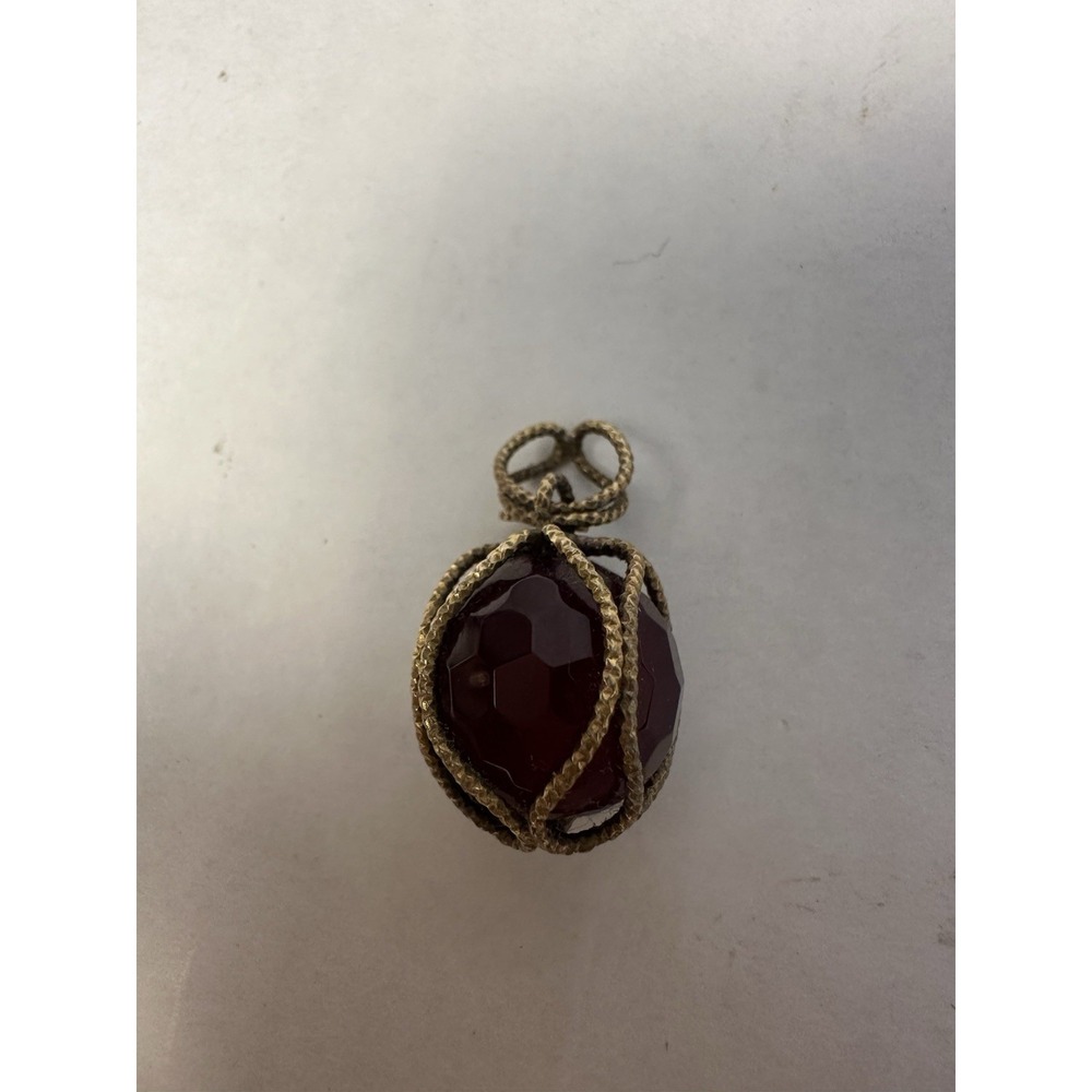 Vintage Style Caged Faceted Red Glass Bead Pendant Bronze Tone Gothic Charm
